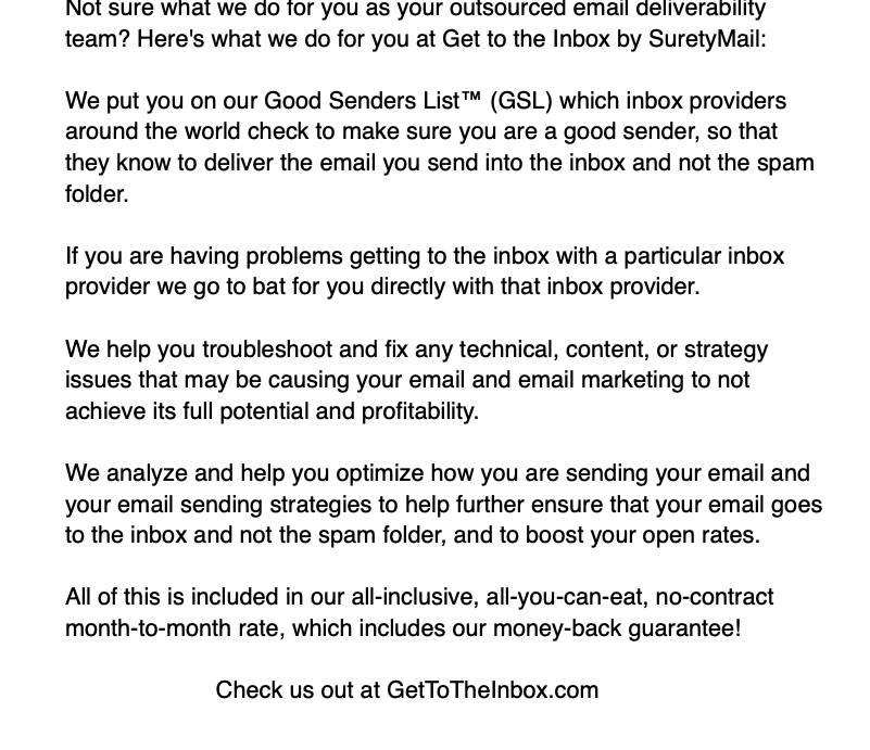GetToTheInbox's tweet image. Not sure what we do for you as your outsourced email deliverability team? Here's what we do for you at Get to the Inbox by SuretyMail!  
Check us out at GetToTheInbox.com
#deliverability #emaildeliverability #emailmarketing #emailmarketingtips #emailmarketingstrategy…