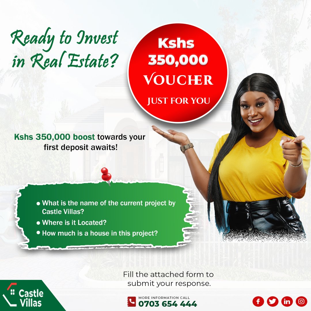 Don't miss this incredible opportunity. Invest with Castle Villas and Grab a whopping KES 350,000 boost towards your first deposit. Kickstart your dream homeownership journey today! To start Visit castlevillas.co.ke/voucher/ #InvestSmart #CastleVillas