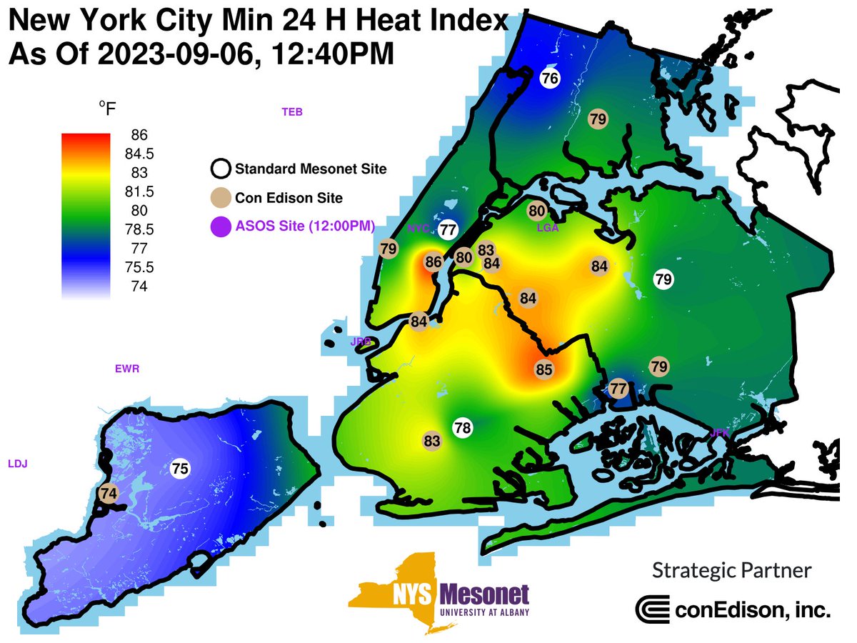 NickPBassill's tweet image. The extreme high temperatures &amp;amp; heat indices get the most attention, but the biggest effects of heatwaves are often due to the nighttime conditions.

The *minimum* heat index in #NYC over the past 24 H only dipped to a balmy ~85F for much of central NYC last night. #nywx #nycwx