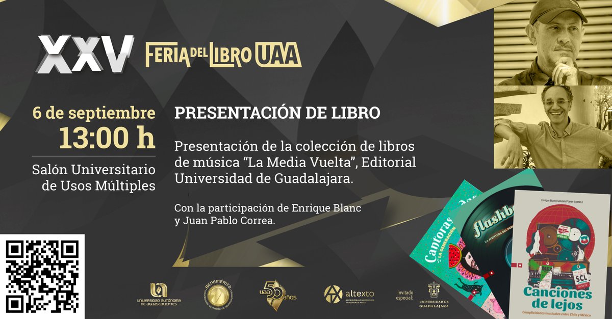 editorialUDG's tweet photo. #UDGedita
Los esperamos hoy a las 13:00 hrs. en la presentación de nuestra colección "La media vuelta" en el marco de la #FeriadelLibroUAA.
📚 Una serie de libros dedicados a la música, sus creadores y las anécdotas que nos cuentan.
Participan: Enrique Blanc y Juan Pablo Correa. https://t.co/skxai5mJfV