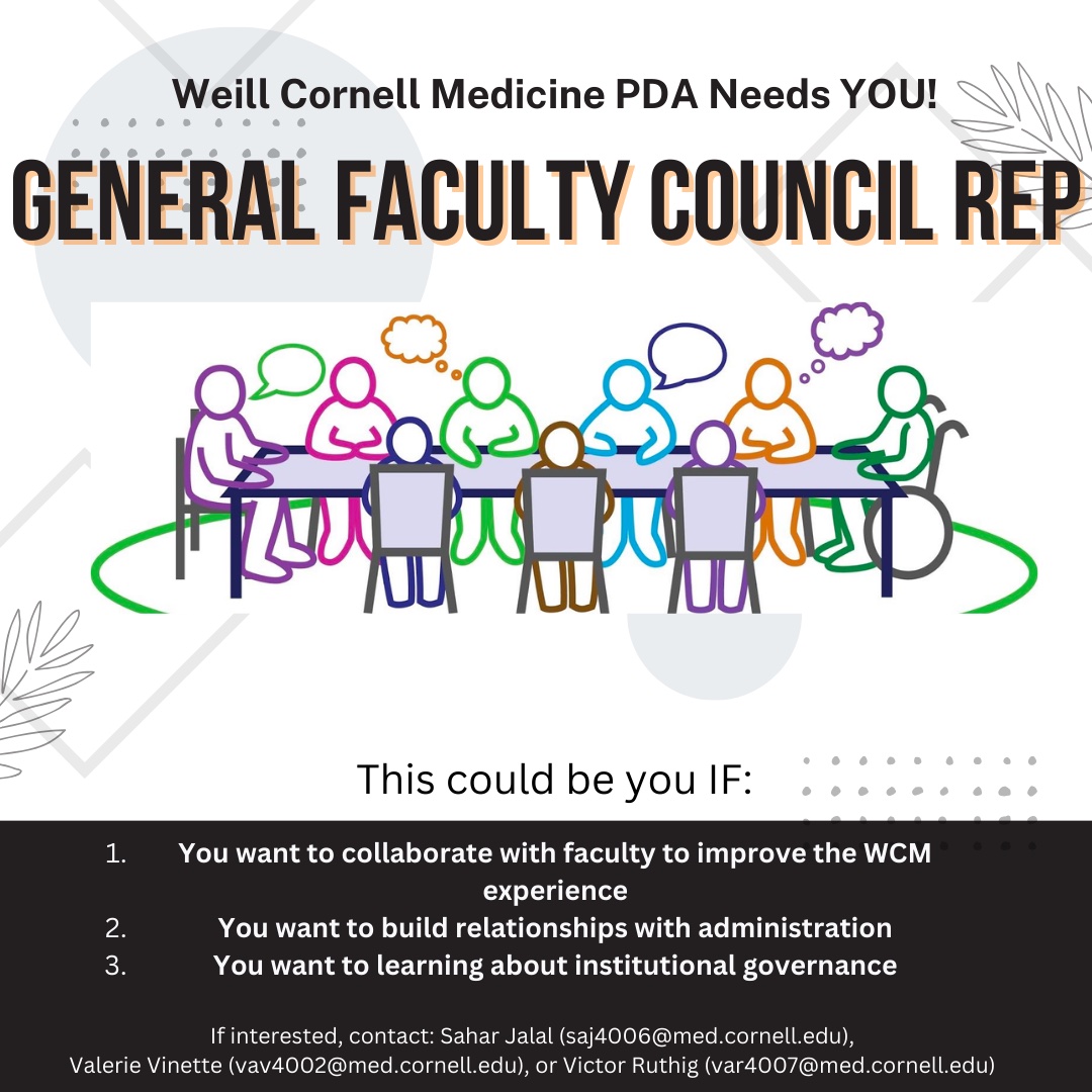 If you're looking for a way to get involved as a postdoc, consider becoming a general faculty council rep! For more information, DM this account or email Sahar, Valerie or Victor!!