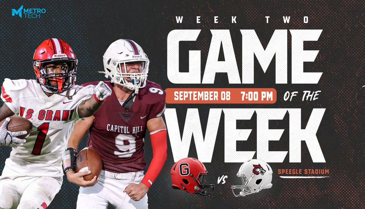 It's time for 𝙎𝙤𝙪𝙩𝙝𝙨𝙞𝙙𝙚 𝘽𝙚𝙙𝙡𝙖𝙢 🏈

Week ✌️ of the @MetroTechOK 𝙂𝙖𝙢𝙚 𝙤𝙛 𝙩𝙝𝙚 𝙒𝙚𝙚𝙠 pits the Generals and the Red Wolves!

<a href="/usghsfootball/">U.S. Grant Football</a> 🆚 <a href="/CapitolHillFB/">Capitol Hill Football</a>
📅 Friday, September 8
 ⏰ 7:00 PM
📍 Speegle Stadium
📺 youtube.com/@okcps_athleti… 
<a href="/OKCPS/">OKC Public Schools</a>