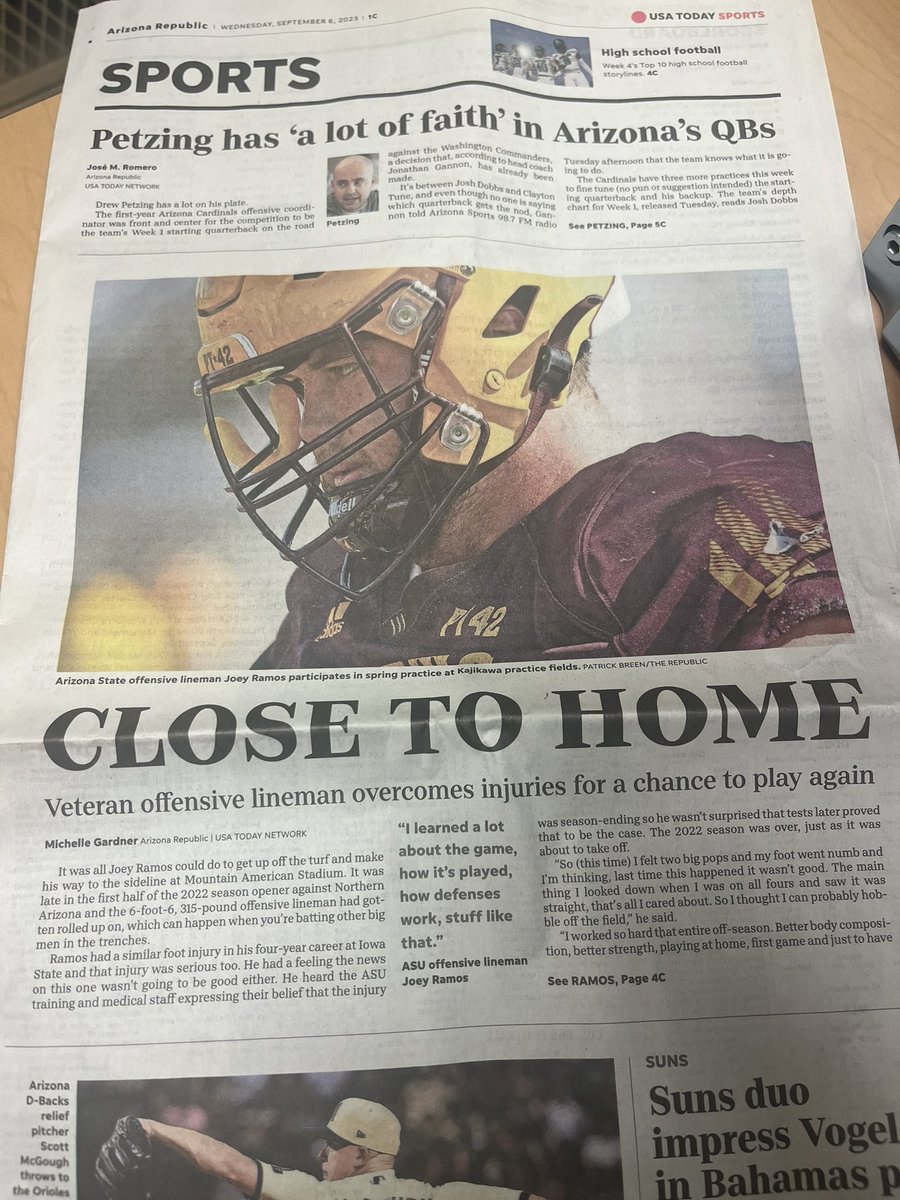 Appreciate <a href="/azcsports/">azcentral sports</a> coverage with story today by <a href="/MGardnerSports/">Michelle Gardner</a> on local product <a href="/Joey_Ramos76/">Joey Ramos</a>. <a href="/pjbreenphoto/">Patrick Breen 🌵</a> using the access to get up close on the photo. Duly noted: appreciate the #PT42 on practice jersey.