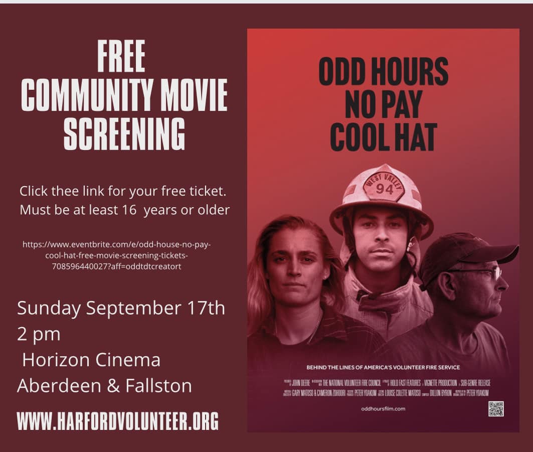 Interested in joining the Volunteer Fire and EMS service in Harford County? Get your FREE ticket to a movie screening of Odd Hours, No Pay, Cool Hat.  The movie screening will take place on Sunday, September 17 at 2PM at both Horizon Cinema locations!  bit.ly/Free_Tickets_H…