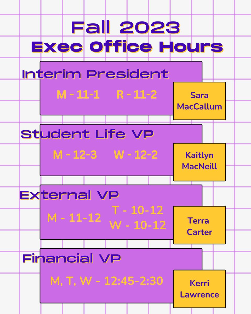Here are the current KSU executive office hours for the Fall term, officially starting next week! Come talk to us about anything; we work for YOU and want to know what you care about, need, and want us to do (or not do).