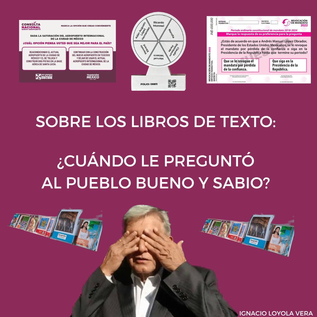 LE ENCANTAN LAS ENCUESTAS 

✈️Cancelación del Aeropuerto 
🗳️ Revocación de Mandato
🇲🇽 Candidato 2024
❌ Encuestas de Aprobación

Pero sobre los #LibrosDeTexto 📚

¿CUÁNDO NOS PREGUNTÓ?

#EsTiempoDePensar