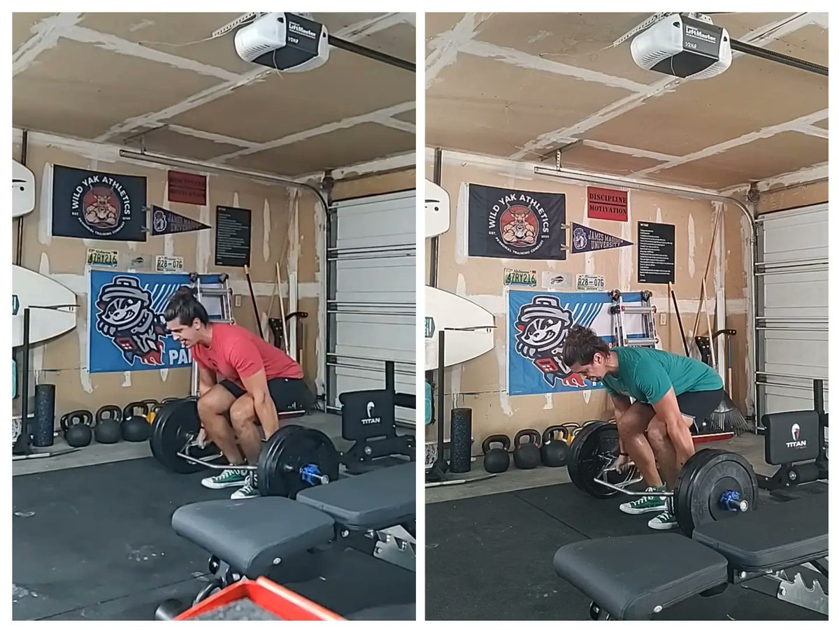 Here's a picture that compares the different starting positions of a trap bar squat (left) and a trap bar deadlift (right).

You could make the trap bar squat even more squatty by standing on a bumper plate, block, or ramp board.

#trapbardeadlift