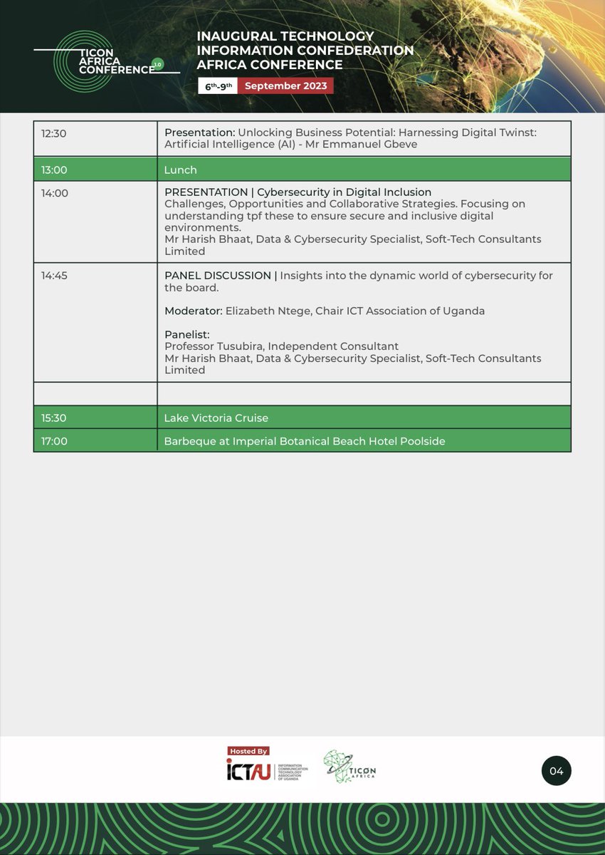 TICONA_AFRICA's tweet photo. Programme for day 2 of the #TICONAfricaConference starting promptly at 9:00am. Watch this space for updates 

@TICONA_AFRICA @ICTAUg @NITAUganda1 @UCC_ED @UCC_Official @MoICT_Ug  #TICONAfrica #InauguralConference #ICTAfrica #TechAfrica https://t.co/5Hxea6PnlJ