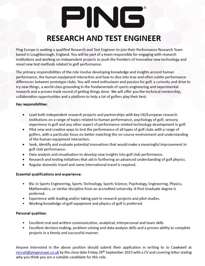 We have an opening for a research and test engineer (preferably with a passion for the human equipment interaction, high performance, psychology side of things). This role is in Loughborough, UK reporting to the talented <a href="/SportJono/">Jonathan Shepherd</a>