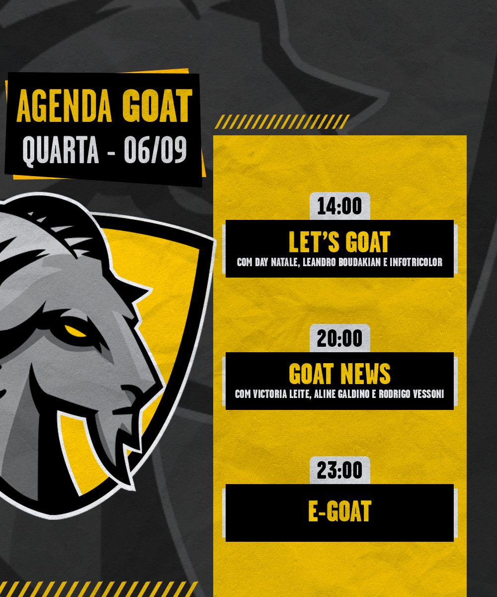 CanalGOATBR's tweet photo. Confira a programação do dia no Canal GOAT! 👇
🗣️ O #LetsGOAT está no ar com @daynatale, @LeBoudakian e @Info_Tricolor1: https://t.co/aysjr2m5f7
📰 Logo mais, às 20h, tem o #GOATNews com @victorialeitem, #AlineGaldino e @Vessoni.
🕹️ Fechamos o dia às 23h, com o #eGOAT. https://t.co/h8MLL0Ugzd