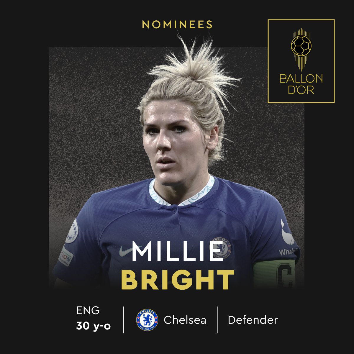 ballondor's tweet photo. Nominated for the 2023 Women’s Ballon d’Or  

@Mdawg1bright 
@ChelseaFCW 
@Lionesses  

#ballondor https://t.co/2pzEiBbuR9