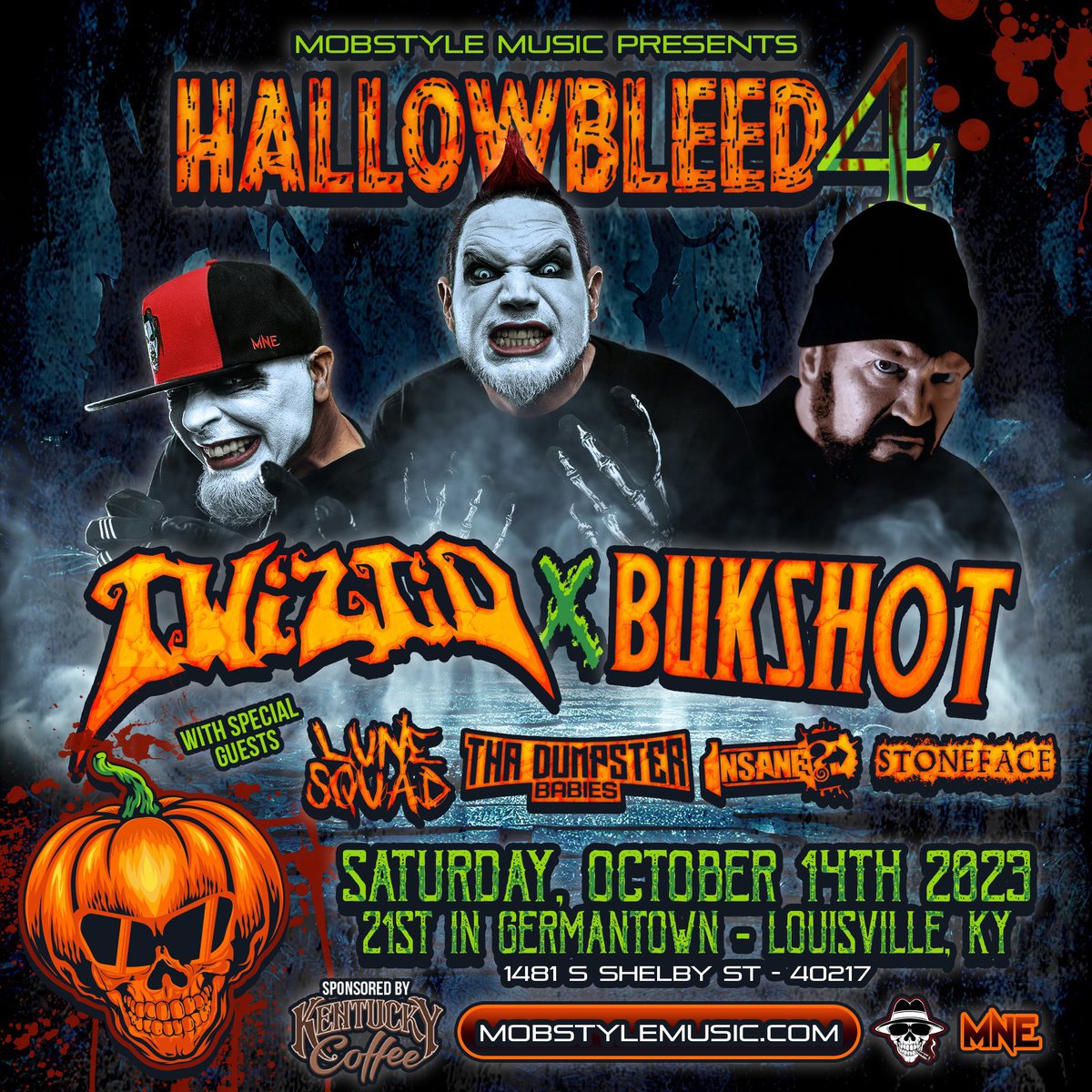 Mobstyle Music would like to proudly introduce Twiztid for Hallowbleed 4 in Louisville KY at 21st in Germantown! Lune Squad, Dumpster Babies, Insane E, & Stoneface will also be filling your ear holes with more Halloween horror! Tickets & VIP’s go on sale Friday at 10 am EST! 🎃🔪