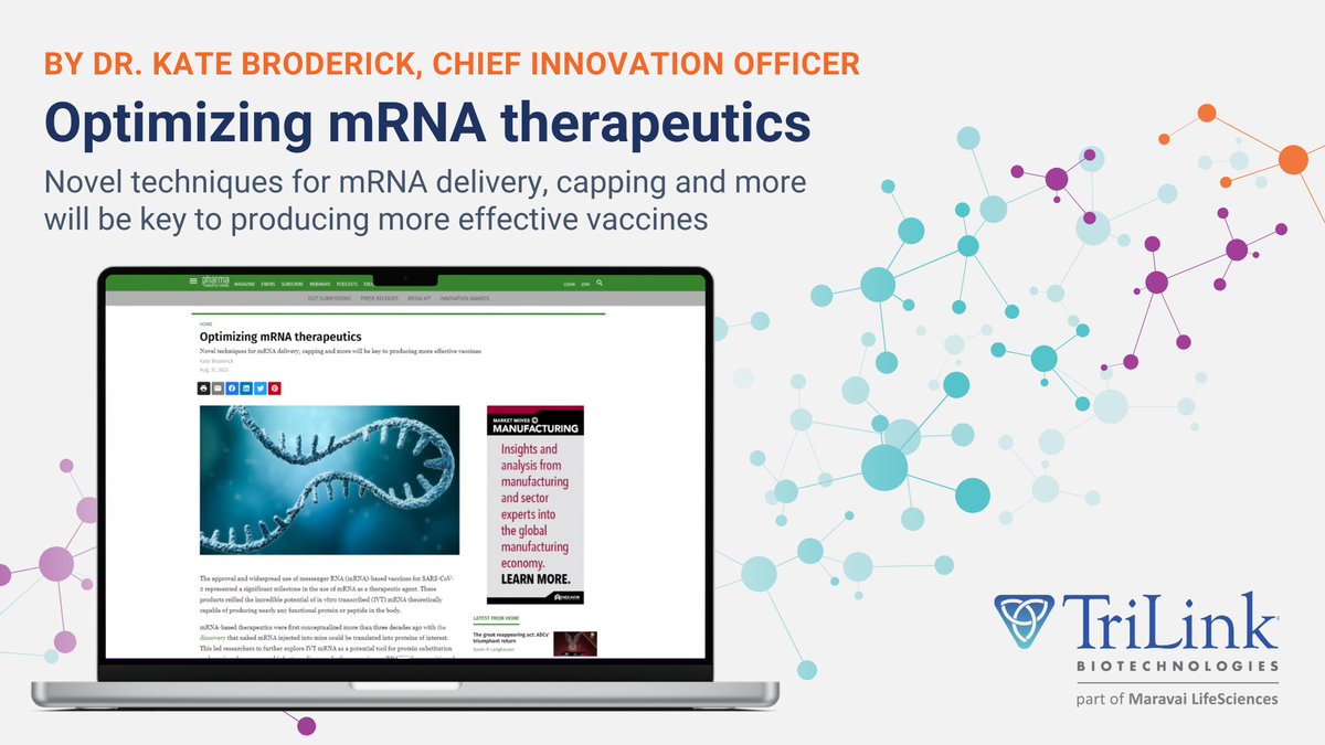 TriLinkBioTech's tweet image. This article, talks about how #mRNA #therapeutics offer a path to treating previously undruggable targets and present new potential for treating #cancers, curing #genetic #disorders, preventing #infectiousdiseases, and more.
pharmamanufacturing.com/home/article/3…