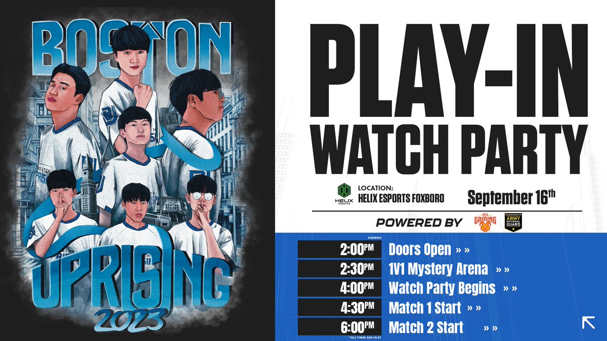 Boston Uprising (@bostonuprising) on Twitter photo 🚨ONE MORE CHANCE 🚨
Miss last weekend's watch party? Don't worry, you can come to <a href="/HelixeSportsFX/">Helix eSports Foxboro</a> on the 16th to watch our playoff run👀(RSVP Link Below) 🚨ONE MORE CHANCE 🚨
Miss last weekend's watch party? Don't worry, you can come to <a href="/HelixeSportsFX/">Helix eSports Foxboro</a> on the 16th to watch our playoff run👀(RSVP Link Below)
