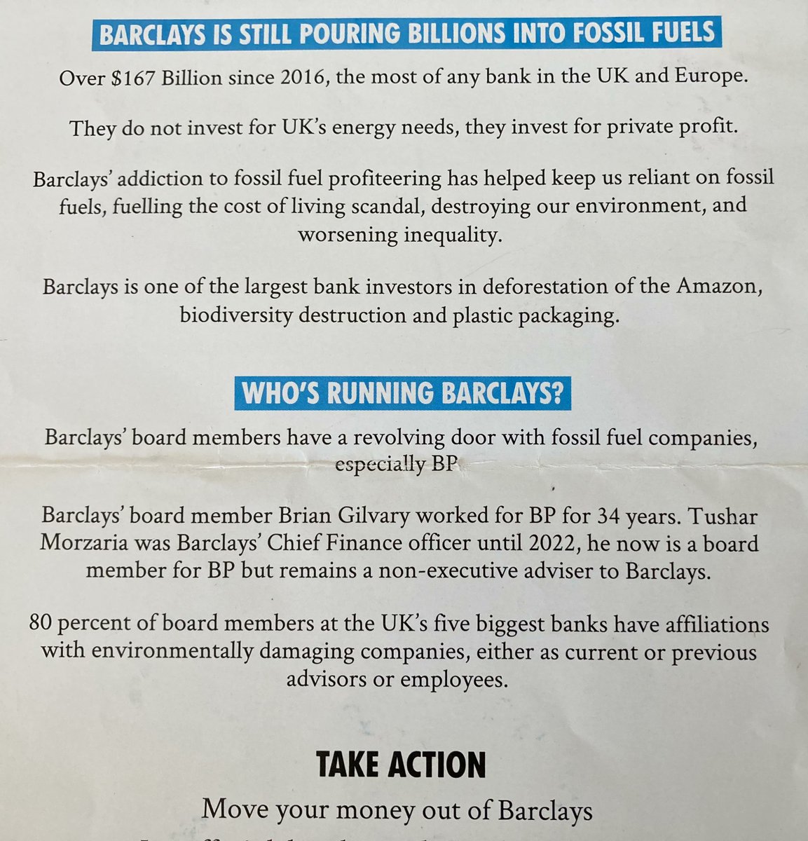 No crystal clear water for your #Paperboat @Barclays. Floating this one in dirty oil for the worst #FossiFuel funders in Europe. 

Is your bank financing #ClimateChaos? Find out: buff.ly/3yFD3rN  

This paperboat makes good use of an old #BetterWithoutBarclays leaflet.