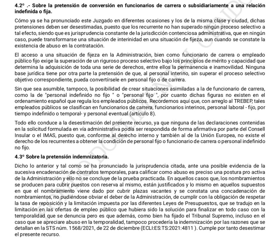 📌 SJCA BA 4361/2023, 28.07
✅ Pretensión de conversión en funcionario de carrera o subsidiariamente a una relación indefinida o fija ➡️ Se exige la superación de un riguroso p. selectivo
✅ Pretensión indemnizatoria
#Desestimación
Ponente Irene Truyols ⤵️ poderjudicial.es/search/AN/open…