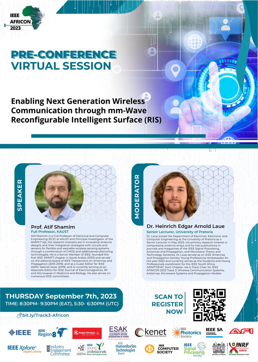 📣 JOIN us for our FINAL Pre-Conference Virtual Session on: 

Enabling Next Generation Wireless Communication through mm-Wave Reconfigurable Intelligent Surface (RIS).

📅: 7th Sept 2023

⏲️: 8:30 - 9:30 P.M. (EAT)

#ieeeafricon2023