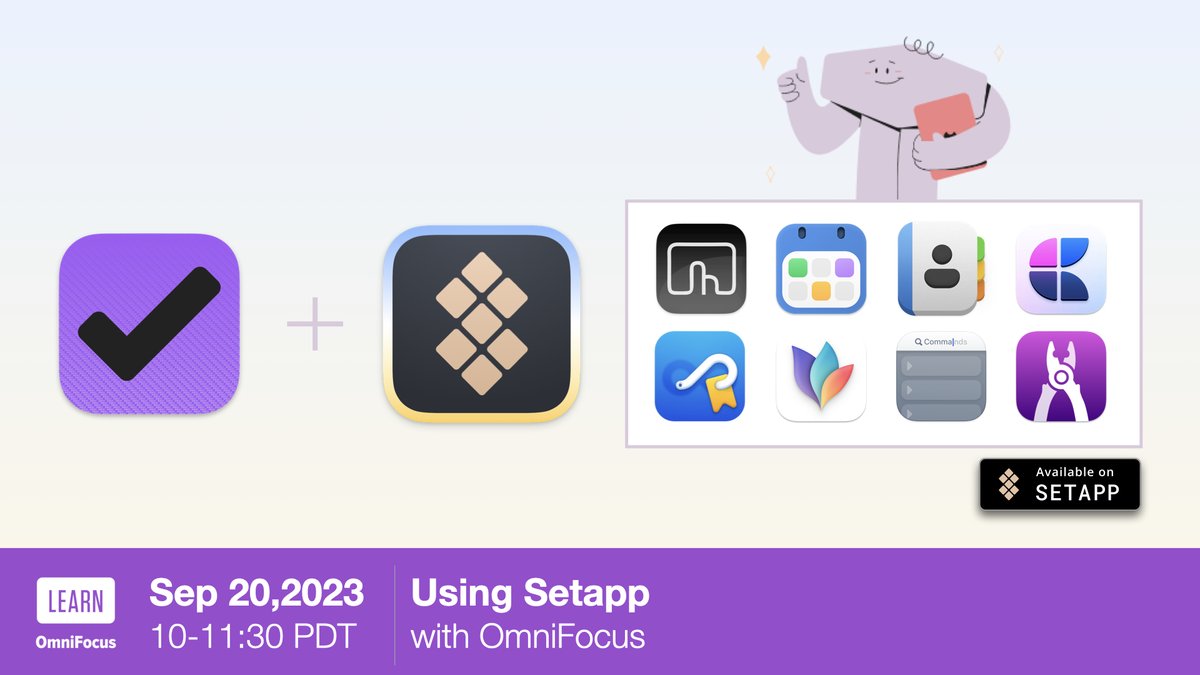 LearnOmniFocus's tweet image. Join us LIVE on Sep 20 (10-11:30 PDT) to learn how to use #OmniFocus with @Setapp.

Featuring #BetterTouchTool, #BusyCal &amp;amp; #BusyContacts (@busymac), @craftdocsapp, @hookmarkapp, @mindnode, #Paletro (@appmakes) + Workspaces (@apptorium).

Register: vist.ly/b25z