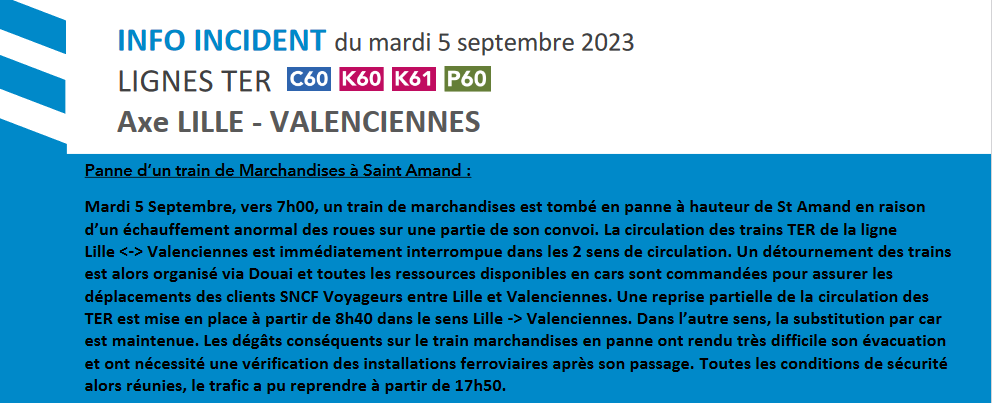 Retour sur l'incident provoqué par la panne d'un train de marchandises à Saint-Amand qui a impacté les circulations TER de l'axe Valenciennes - Lille ce mardi 5 septembre 2023.