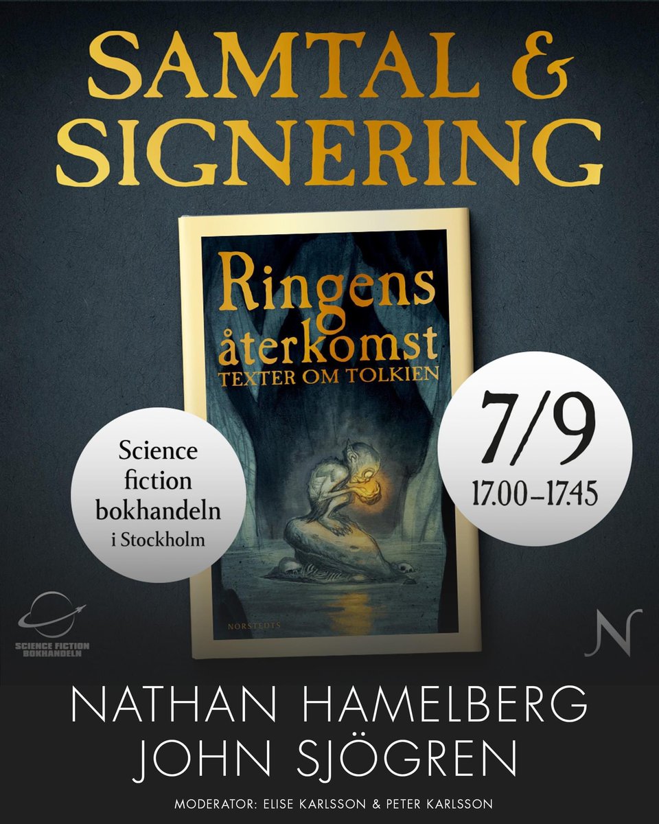 För de som överlevde ”Maktens Ringar” i fjol men föredrar lite mer djup i sitt Tolkientugg så anordnar <a href="/sfbok/">SF-Bokhandeln</a> och <a href="/norstedts/">Norstedts</a> samtal om Norstedts nya antologi om professorn med alvfäblesse. Medverkar gör <a href="/EliseKarlsson/">Elise Karlsson</a> , <a href="/john_sjogren/">John Sjögren</a> , @PKPeterKarlsson och undertecknad. Kom!
