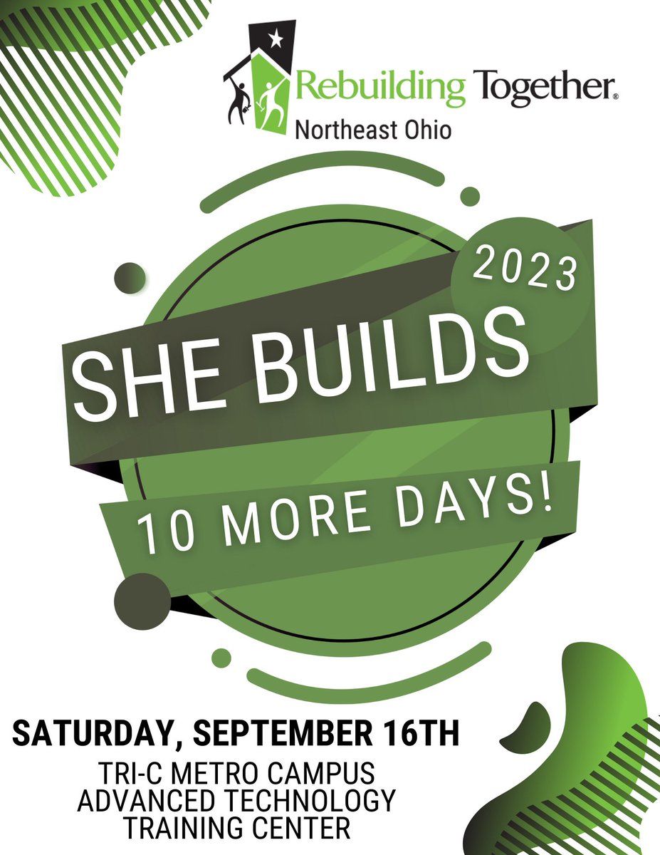 Only 10 MORE DAYS until She Builds Training Day 2023. Spread the word and make sure you grab a spot! We want all your co-workers, friends, and family to join us for our program this year. Register here: eventbrite.com/e/she-builds-t…