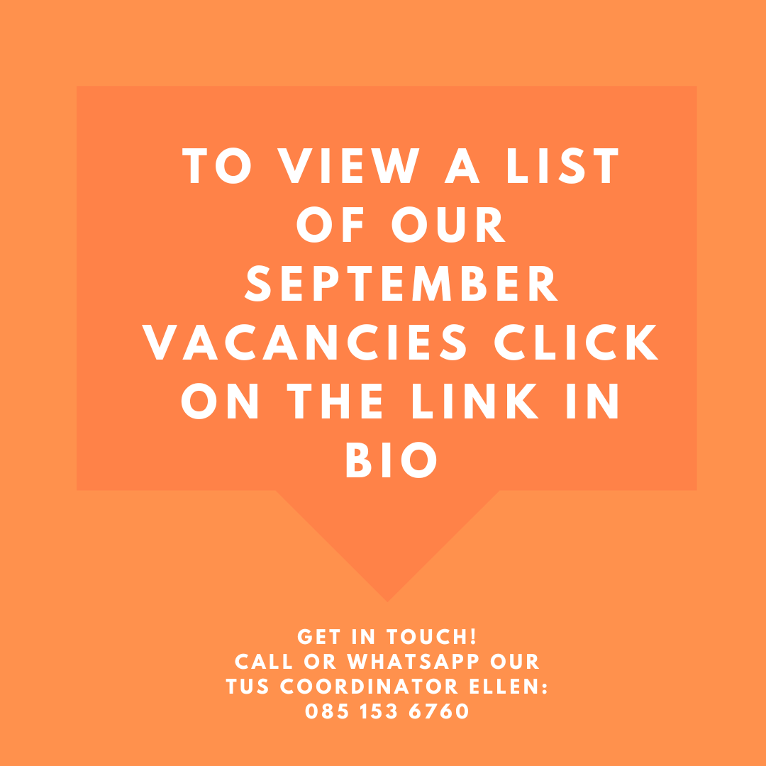 DscpTus's tweet photo. https://t.co/jb9lU0OxSO
A list of September vacancies is now available to view on our Linktree attached. If you would like any further information on our Tus Programme vacancies please contact our Tus Coordinator Ellen on 085 153 6760
#tusprogrammedscp #tusteamdscp https://t.co/x6ENdyEnlj