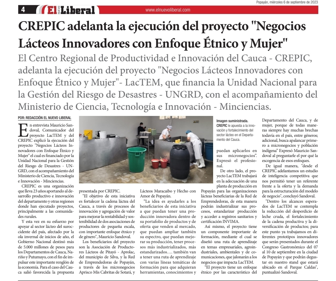 crepic's tweet photo. #LacTEM de @CrepicCauca hoy en @elnuevoliberal.  Gracias a los medios de comunicación por la difusión de esta iniciativa que beneficia al sector lácteo del #Cauca. 

Recuerden los esperamos del 07 al 10 de septiembre en nuestro stand @GastronomicoPop https://t.co/LEFQwVQiiY