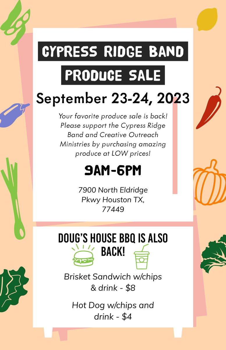 cyridgehsband's tweet photo. Cypress Ridge Band will be hosting our annual Produce Sale on September 23rd and 24th. You can’t miss these deals on fresh produce. See you there! Please share! @CFISD_FineArts @CFISDMariachi @CyFairISD @CypressRidgeHS @CFISDnoticias https://t.co/Ow4Pd6heWm