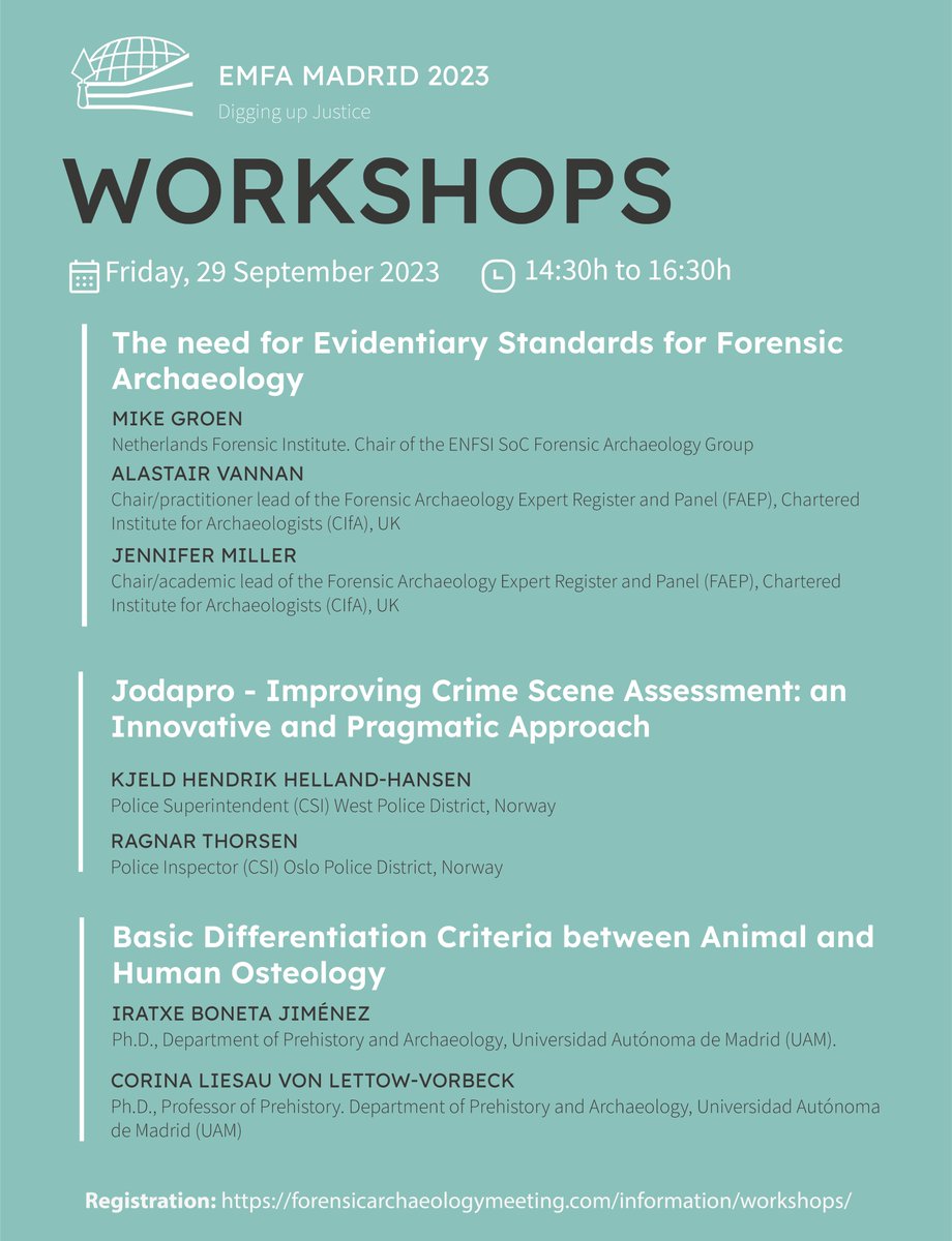 You can still register online to attend EMFA Madrid 2023 and take part in one of its exciting workshops!

👉 forensicarchaeologymeeting.com

You will be able to access the recordings through the congress website during the whole month of October 2023!