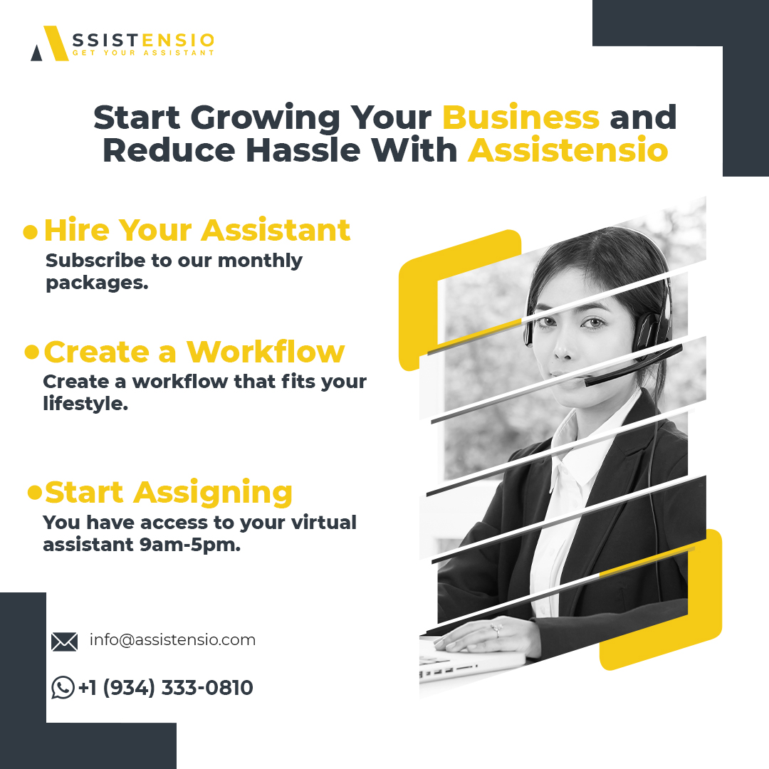 Simplify Your Business Growth with #Assistensio!

Streamline your tasks, create your customized workflow, and start delegating from 9:00 AM to 5:00 PM
Let's conquer your to-do list together!
Contact us today at +1 (934) 333‑0810

#VirtualAssistant #VirtualBusinessAssistant