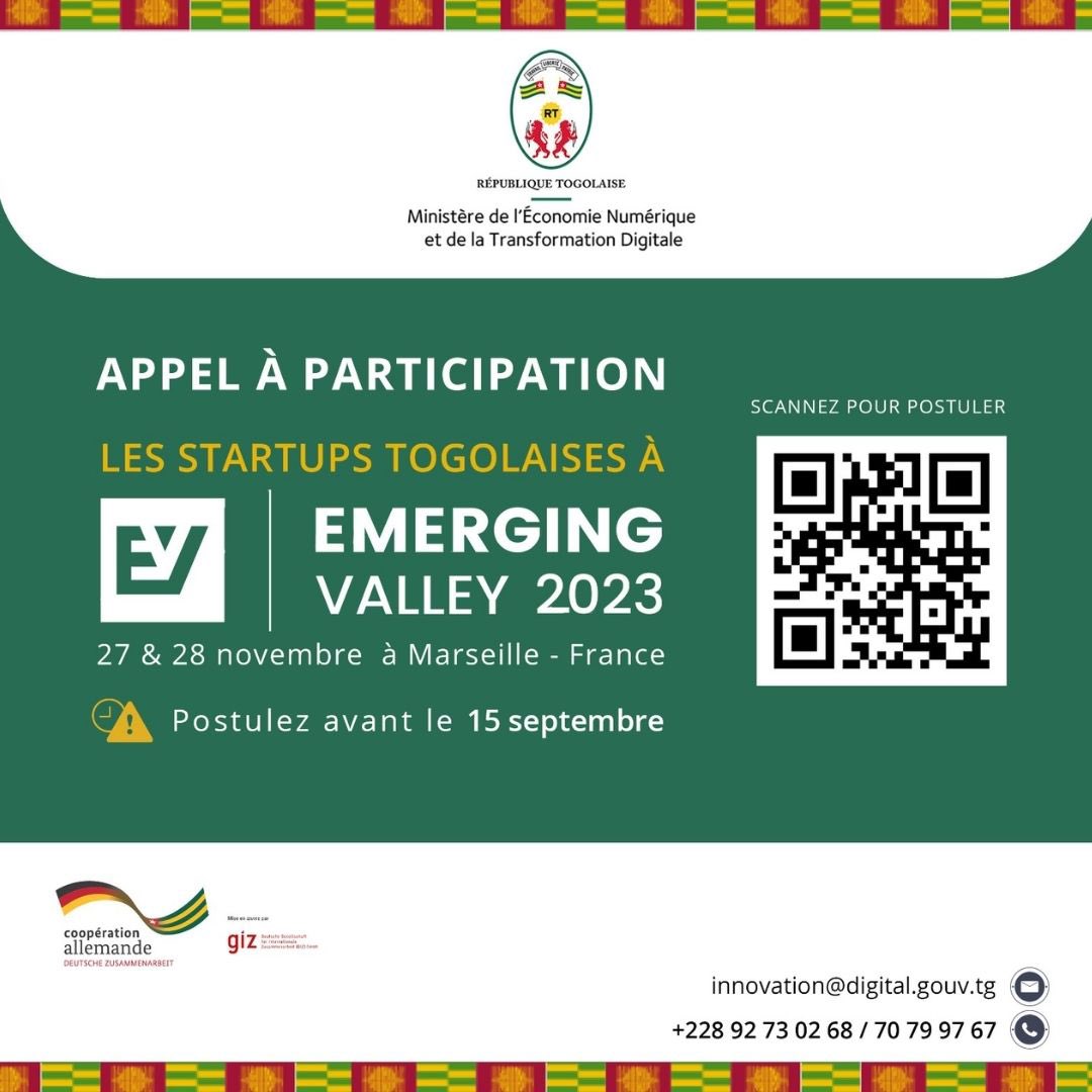 IngeBaumgarten's tweet photo. 🚀 Vous êtes une #startup togolaise ayant développé un produit ou un service numérique innovant ?
Participez à @emergingvalley en France 🇫🇷 en novembre, grâce à 🇹🇬 🇩🇪@NumeriqueTG, le #ProDigiT @giz_gmbh au #Togo 

🔴Candidatez avant le 15.09.23 ici ➡️ https://t.co/kP5XeI90Ga https://t.co/fPxmXiz12x