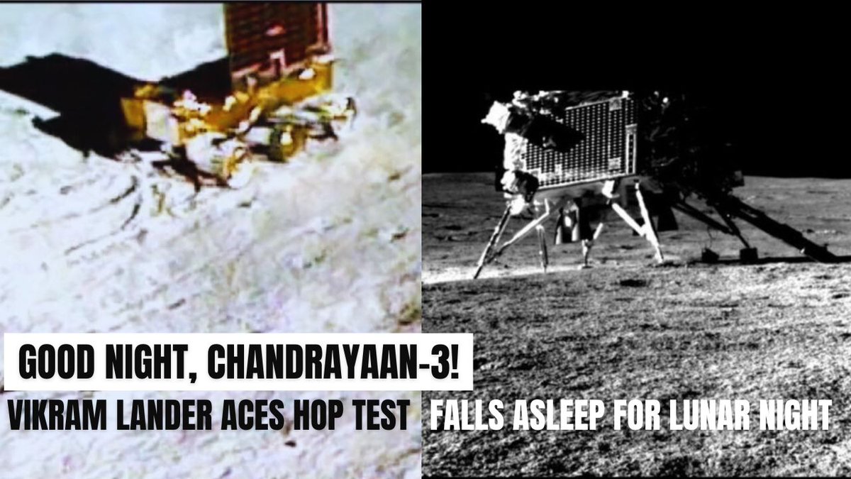 PointOrView's tweet photo. CHANDRAYAAN-3 UPDATE: Vikram Lander exceeded its mission objectives, successfully underwent a HOT TEST before going to sleep for the freezing lunar night.  WATCH: https://t.co/1wcqGRZIqC. #Pragyan #PragyanRover #Chandrayaan3 #Chandrayaan3Landing #Chandrayaan_3 #ISRO #hoptest #Ch3 https://t.co/OaKfFegMGZ