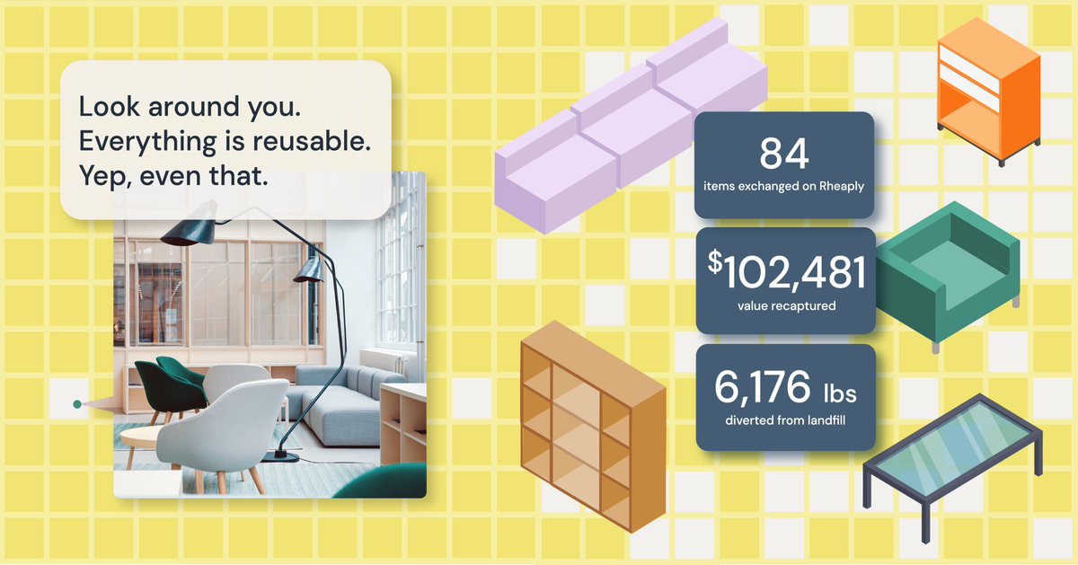 By reusing 84 pieces of furniture within their office, a team in California saved $102,481 and kept 6,176 lbs out of their local landfill. Because your office lounge isn't trash — it just needs a new home. rheaply.com