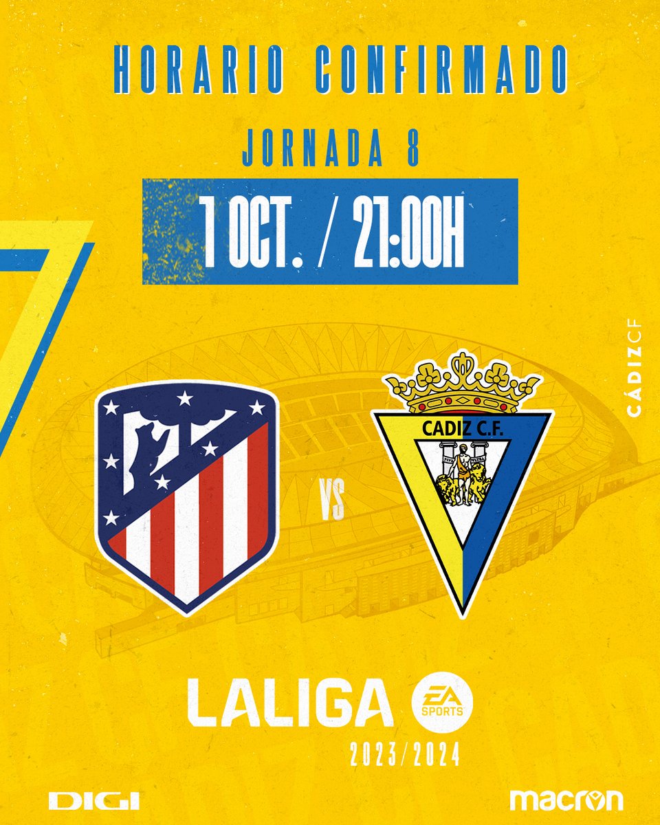 #AtletiCádiz 

⚽️ El domingo 1 de octubre a las 21:00 horas visitaremos al <a href="/Atleti/">Atlético de Madrid</a> en el <a href="/Metropolitano/">Riyadh Air Metropolitano</a> 

📌 Jornada 8 de #LALIGAEASPORTS 

📺 Encuentro emitido por <a href="/DAZN_ES/">DAZN España</a>