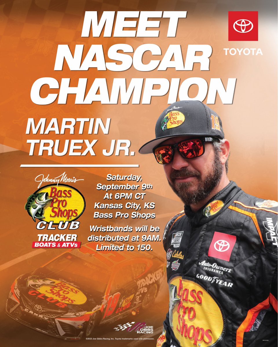 Attention MTJ fans! Meet @MartinTruex_Jr this Saturday at the @BassProShops located in Kansas City, KS. Wristbands will be distributed at 9 am CT and limited to 150, so get there early!