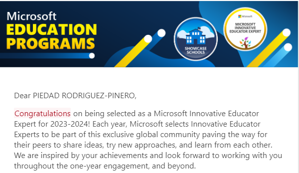 ¡Es el correo que recibo con más ilusión a comienzo de curso! Gracias <a href="/MicrosoftEduEsp/">Microsoft Educación</a>
y <a href="/MicrosoftEDU/">Microsoft Education</a> por la oportunidad de seguir aprendiendo y compartiendo con esta Comunidad.
#MIEExpert2024 , #MicrosoftEdu