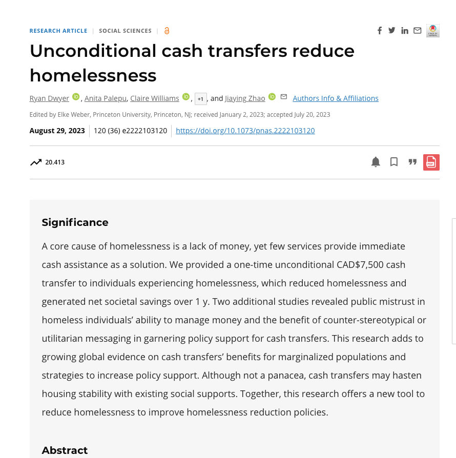 This is simply an extraordinary study. Researchers gave $7,500 (CAD) to homeless people in Vancouver. The result? The program *saved* money. It helped many of them to move into housing faster, which saved the shelter system $8,277 per person. 🧵👇