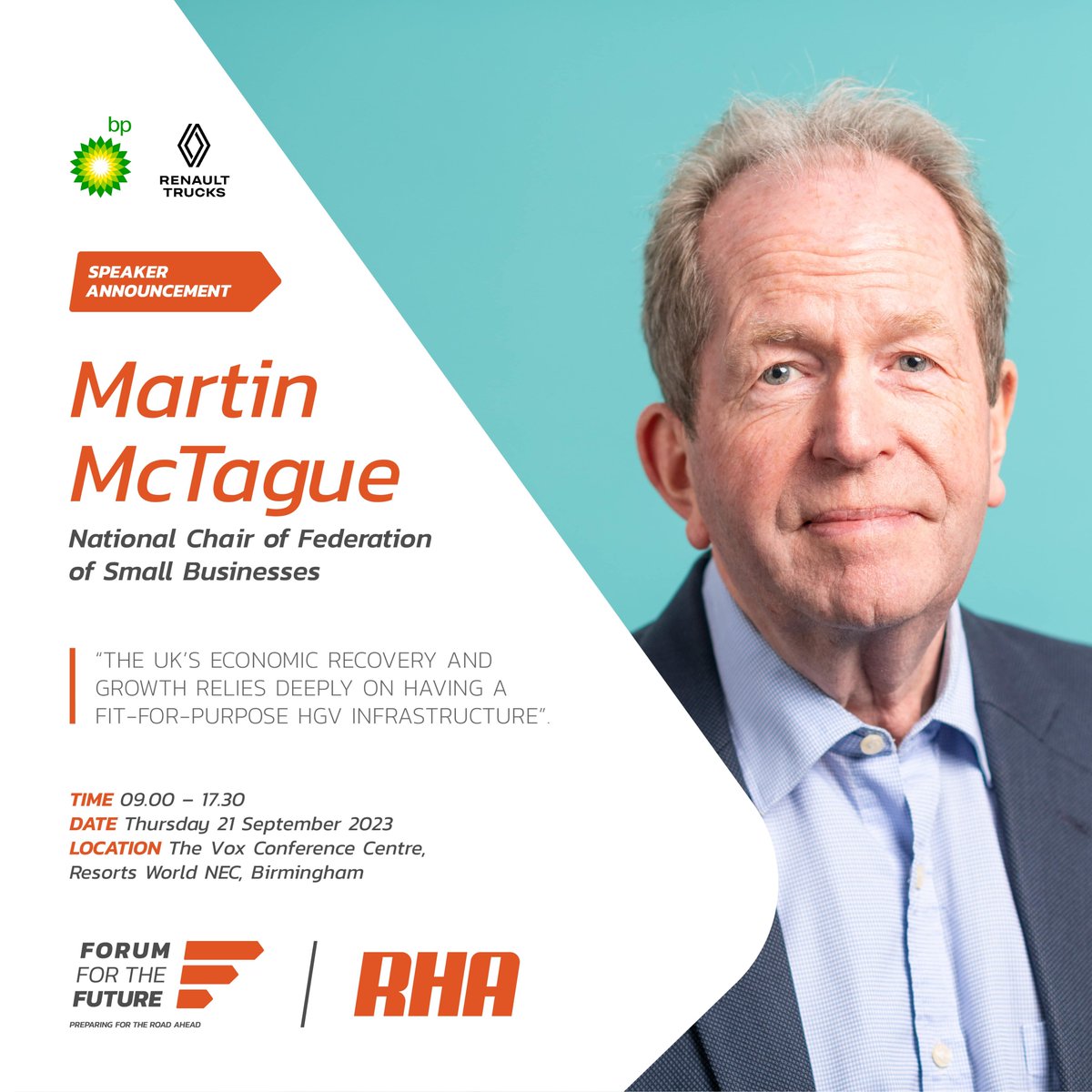 FSB National Chair Martin McTague will speak at the <a href="/RHANews/">RHA</a> Forum for the Future on 21 September. The UK's economic recovery and growth relies on having a fit-for-purpose HGV infrastructure 🚛