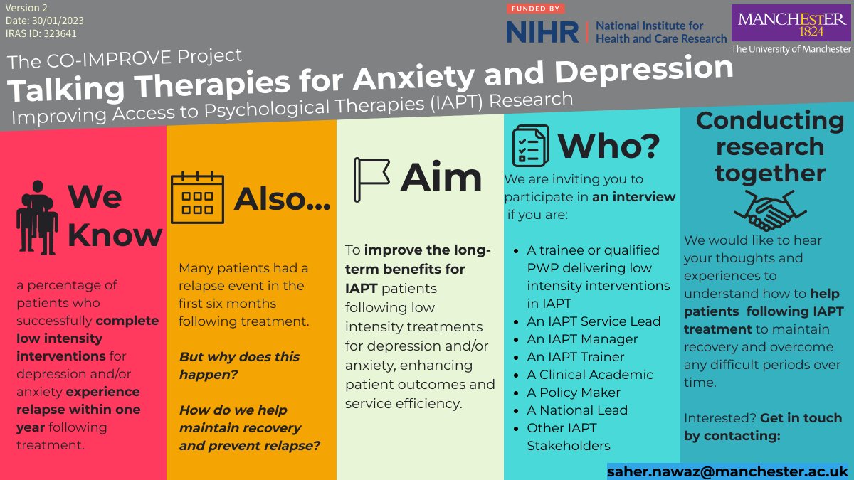 Are you a trainee, qualified or senior #PWP working in an NHS #TalkingTherapy service in the North of England?  
We would be delighted if you could allocate some time to share your thoughts about #relapse prevention  and #StayingWell.
Get involved in the NIHR CO-IMPROVE project: