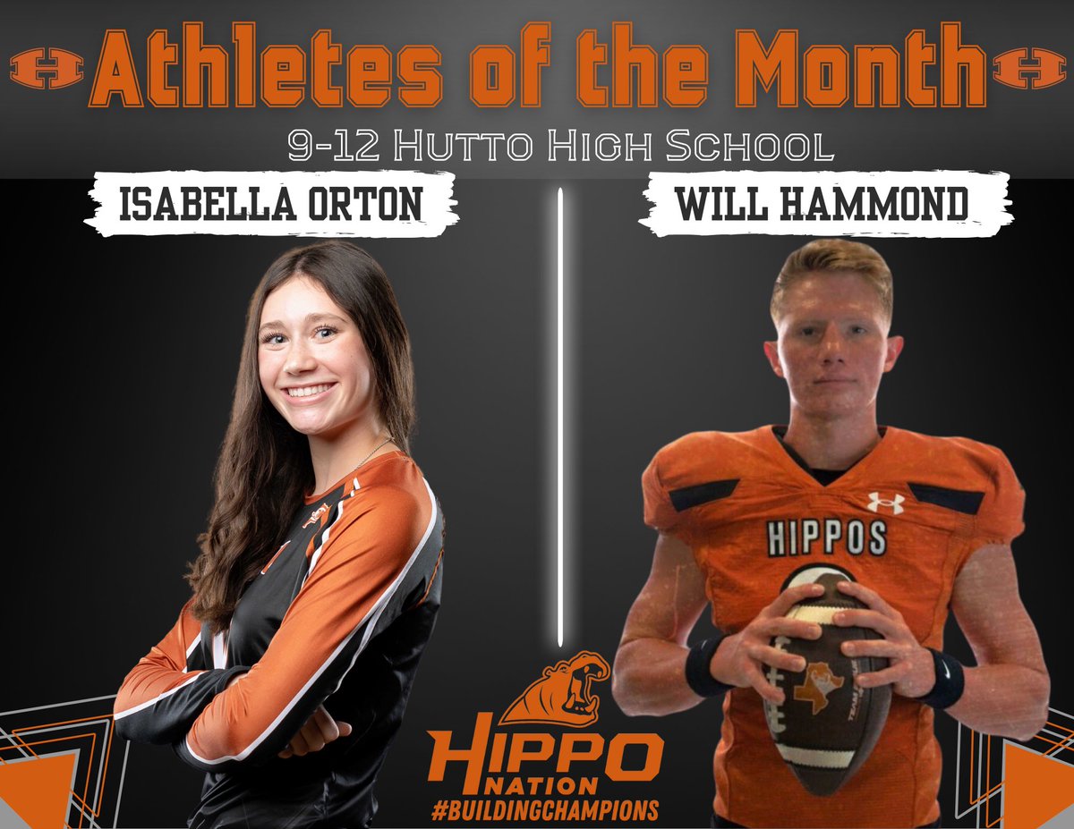 Congratulations to our Hippo Athletes of the Month for August! 
Absolutely great leaders making huge impacts on their teams!  #BuildingChampions 

<a href="/HuttoHS_Fball/">Hutto Football</a> <a href="/HuttoVball/">Hutto Volleyball</a> <a href="/hippoathletics/">Hutto Hippo Athletics</a> <a href="/_jmart15_/">JMart</a> <a href="/CoachWCompton/">CoachComp</a> <a href="/fmshippos/">farley middle school</a> <a href="/PrincipalFarley/">Farley Principal</a> <a href="/Will_Hammond13/">Will Hammond 🌵</a> <a href="/IsabellaOrtonVB/">izzy orton</a>