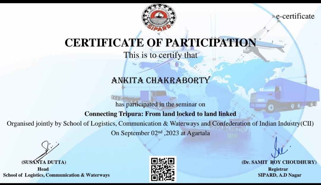 SIPARD1's tweet photo. e- Certificate for the participants attended Seminar on Sept 02, 2023 organized  by School of Logistics, Communication and Waterways. A step to paperless  office.
#School_of_Logistics
#eCertificate https://t.co/oSWMCJe8PU