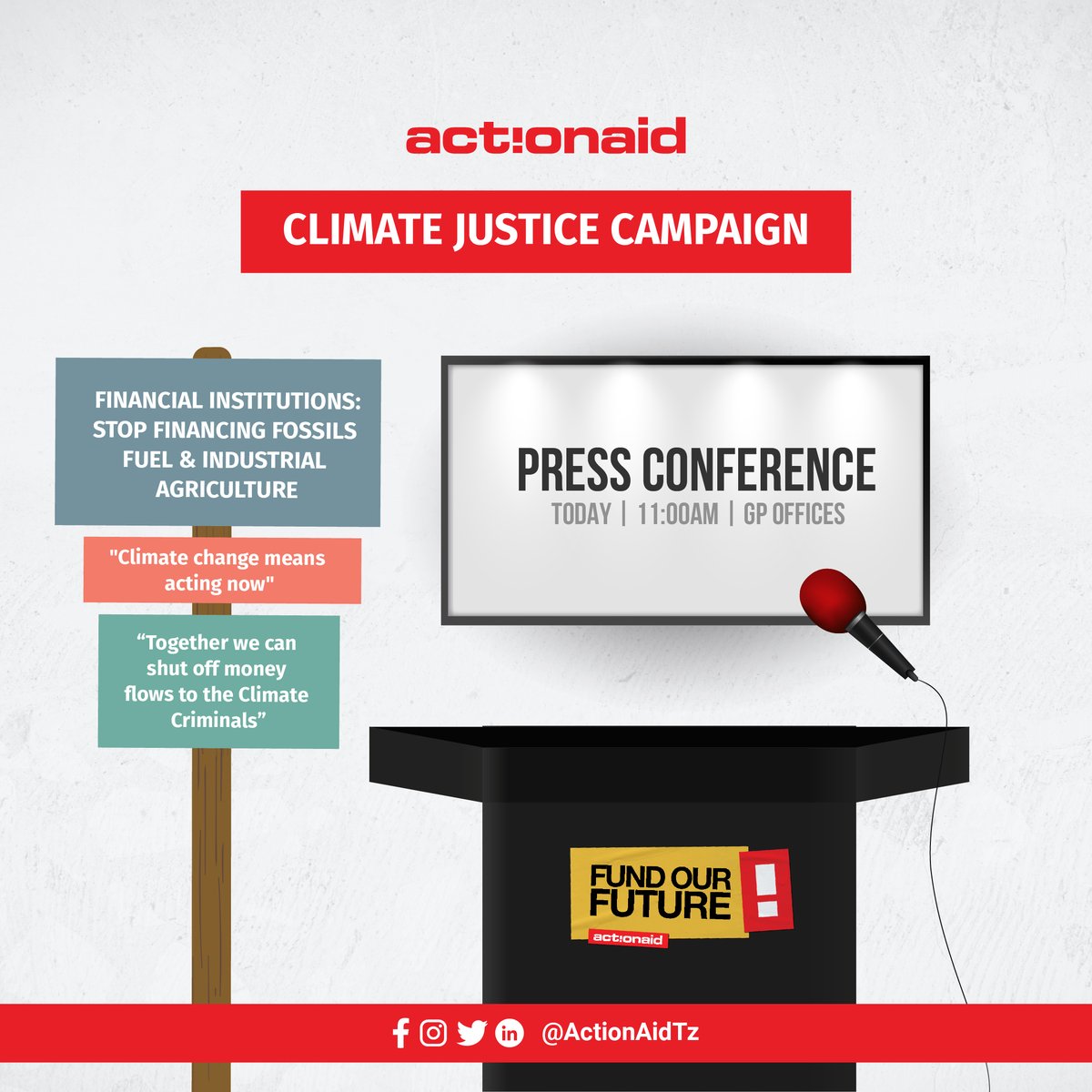 ActionaidTz's tweet photo. Earlier today @ActionaidTz conducted a Press conference to introduce the #ClimateJustice campaign #FundOurFuture and share a report from the findings  "How financial flows: The banks fueling Climate Crisis".

Click the link below;

Press Release > https://t.co/tk2eDv88x3 https://t.co/aXFh1LiZ2C