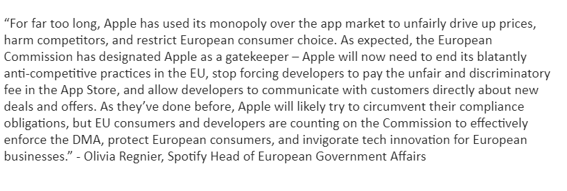Spotify se ré-jouit qu'Apple soit désigné comme gatekeeper #DMA