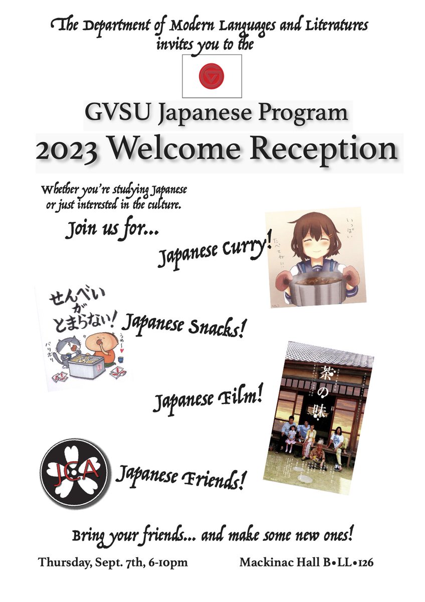 Join us tomorrow for the Japanese program 2023 welcome reception!

Anyone interested in Japanese language or culture is welcome.

We can't wait to see you there!

#GVSUMLL #language #languagestudy