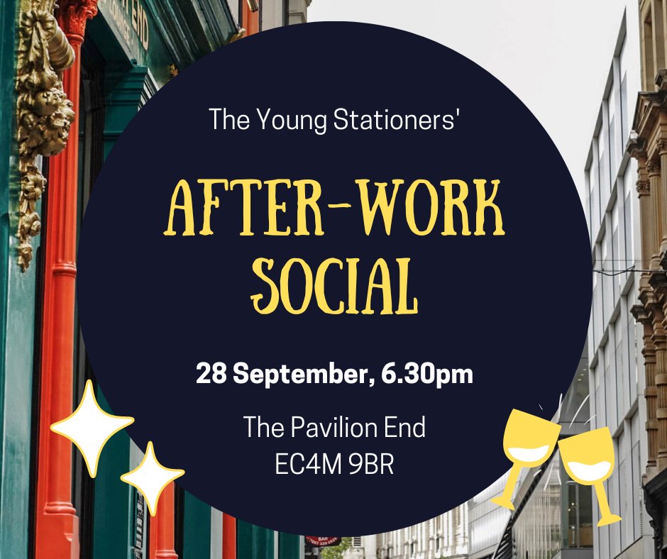 🌟EVENT🌟
Hello!
Please keep an eye out for our After-Work Social invite! With a special appearance from Tony Mash, the new Master! 
Come to connect, relax, and enjoy a drink whilst you network.
We look forward to seeing you!
📅Thurs 28/09/23
<a href="/Pavilionendpub/">pavilionend</a> 
<a href="/stationerscomms/">The Stationers' Company</a>