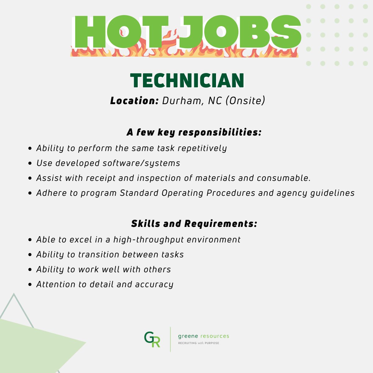 #HotJobs | Our client is seeking a Technician to join their team. This position will perform a variety of shipping, receiving and sample processing activities in support of an environmental air filter collection program.

Apply today! ~ ow.ly/mNUP50PIi2Y