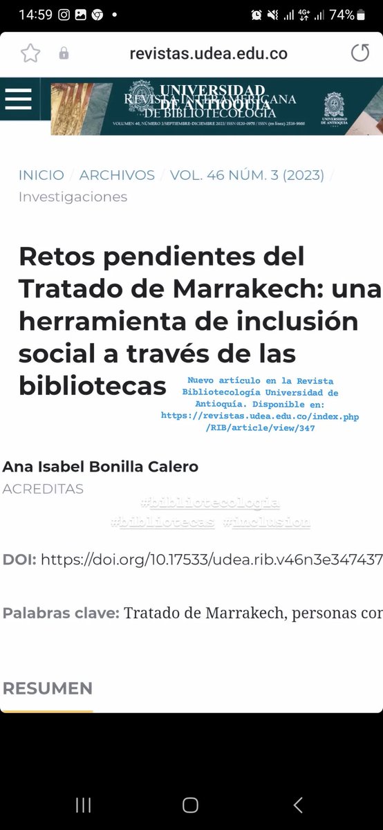 Nuevo artículo publicado en la Revista Bibliotecología Universidad de Antioquía sobre inclusión social en las bibliotecas #bibliotecas #inclusion