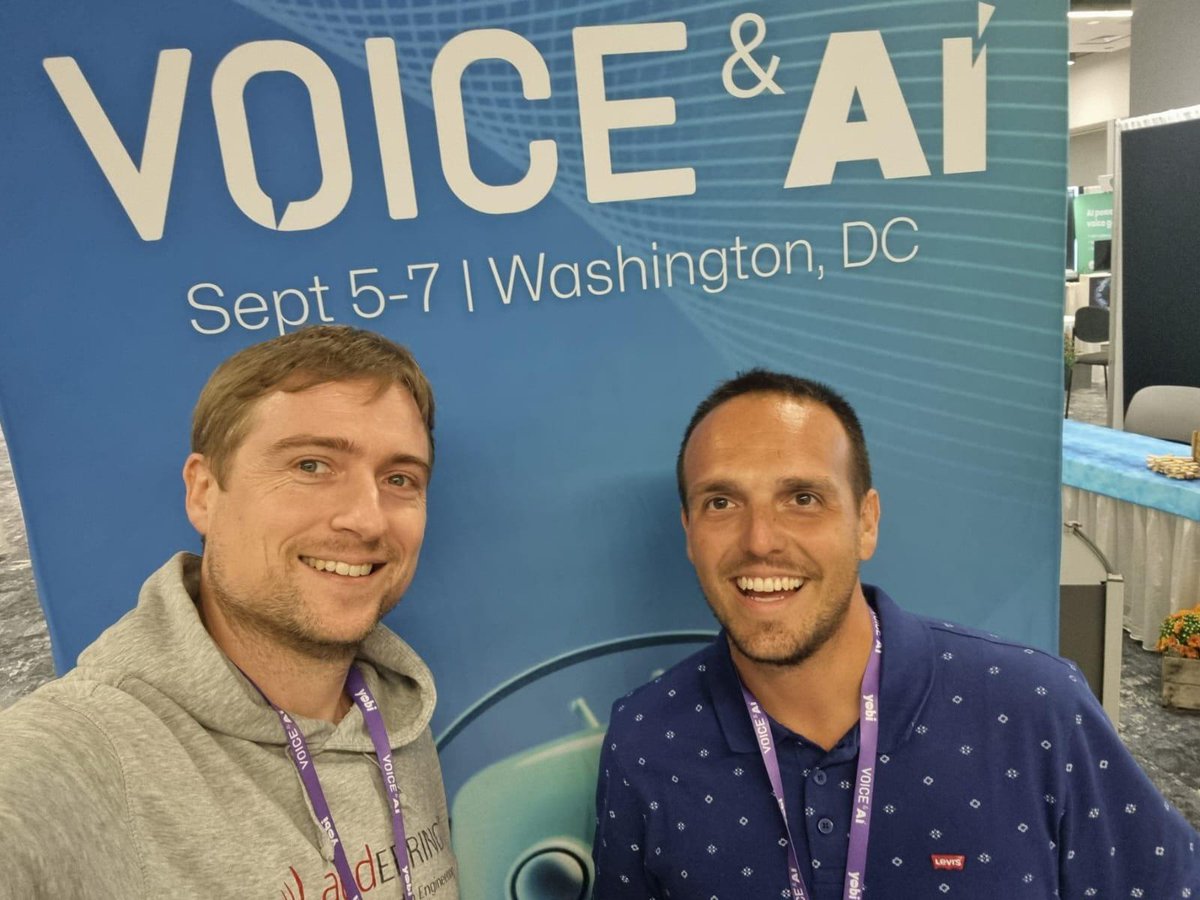 Florian & Milenko are attending #VOICEandAI in Washington, DC. Later that day, audEERING's CTO Florian Eyben will demonstrate our new #ChatGPT voice-to-voice conversation tool 3:25 p.m. on the #demo stage: A conversation with an #empathic #AIagent #VoiceAI #technology #devAIce