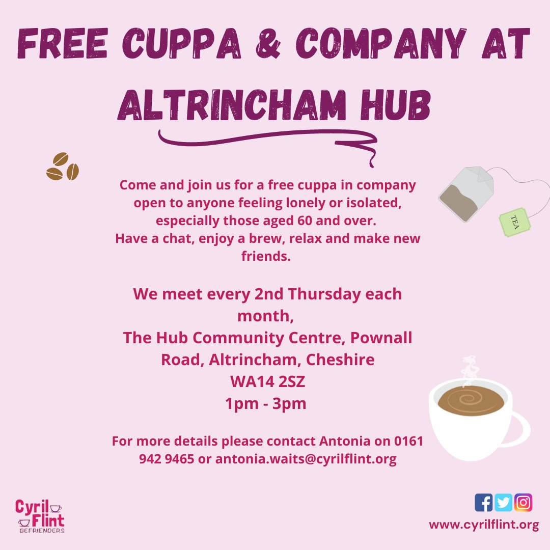 We would love you for you to come and join us for a cuppa!☕

We now run a second Cuppa&amp;Company session, every 2nd Thursday of the month at The Hub in Altrincham.

Our next session is: Thursday 14th September, 1-3pm

Please call Antonia for more information on 0161 942 9465 ☕😊