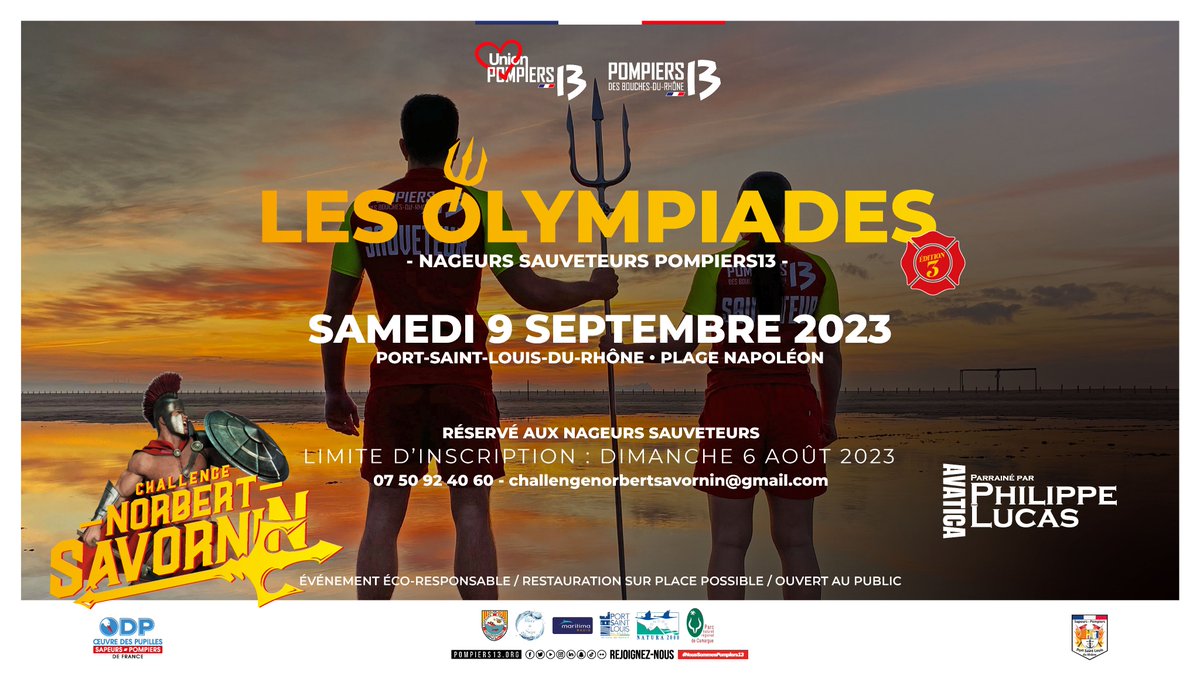 Pompiers_13's tweet photo. [#Événement]

Les #Pompiers13 vous attendent nombreux pour le challenge Norbert Savornin, ce samedi à Port-Saint-Louis-du-Rhône.

Une journée d'olympiades ouverte à tous qui verra s'affronter les @PompiersFR de tout le @departement13  dans un bel esprit de cohésion 🏄 https://t.co/pgKzsr3bFd
